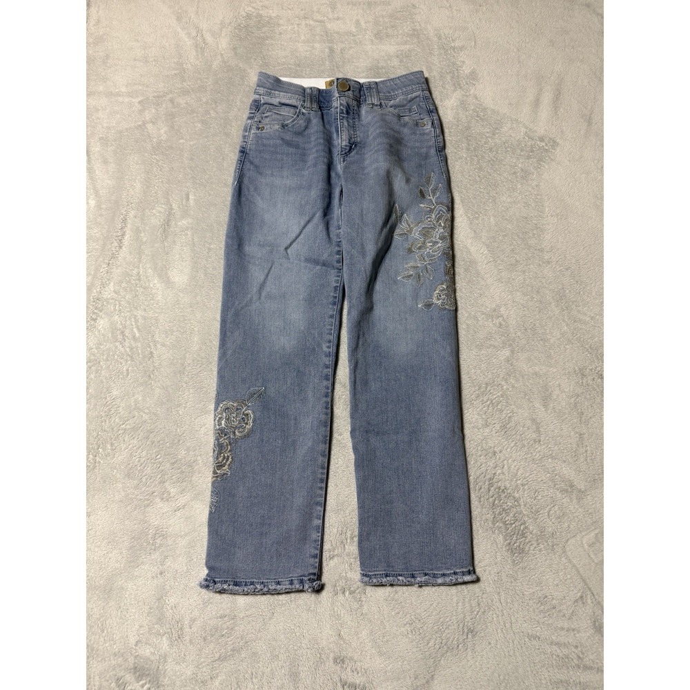 Democracy Ab Technology Womens Size 2 Straight Fray Jeans Floral Embroidered 25